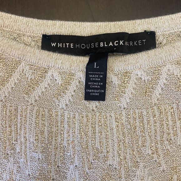 White House Black Market Knit Cream Gold Sparkle Cold Shoulder Sweater Sz Large - Picture 8 of 13